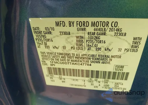 2010 Ford Escape Xlt z USA, uszkodzony, nr VIN 1FMCU0D77AKC47784